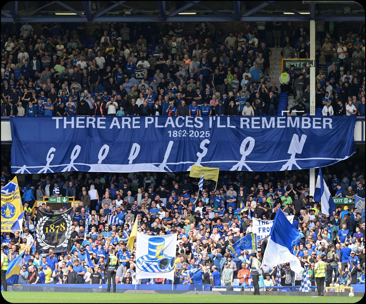 Retrotext book cover featuring a large blue banner at Goodison Park stadium with the text There Are Places I'll Remember