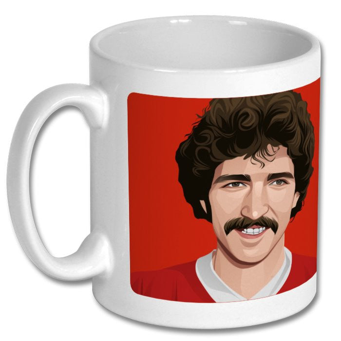 Retrotext white ceramic mug featuring a graphic illustration of Liverpool legend Graeme Souness in a red kit.