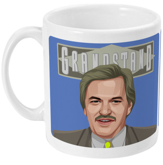 Retrotext 11oz white ceramic mug featuring a graphic illustration of Des Lynam from the Grandstand sports show