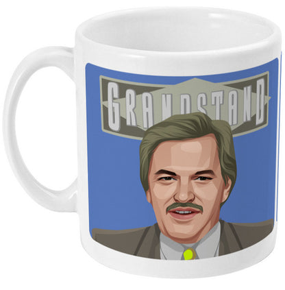 Retrotext 11oz white ceramic mug featuring a graphic illustration of Des Lynam from the Grandstand sports show