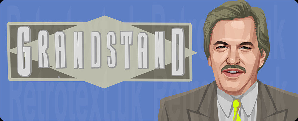 Retrotext Grandstand mug featuring a graphic illustration of Des Lynam and the classic show logo on a glossy finish.