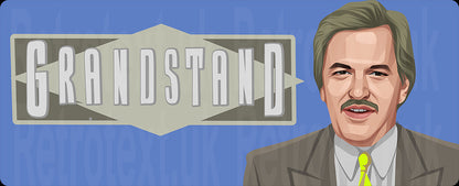 Retrotext Grandstand mug featuring a graphic illustration of Des Lynam and the classic show logo on a glossy finish.