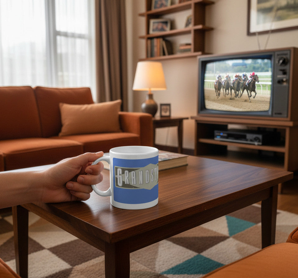 Retrotext Grandstand mug with Des Lynam design held in a hand in a cozy living room with a vintage television