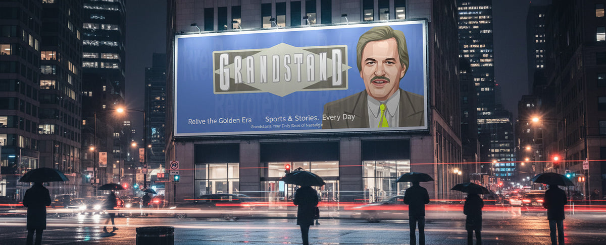 Retrotext Grandstand mug featuring a graphic of Des Lynam on a glossy white 11oz ceramic surface