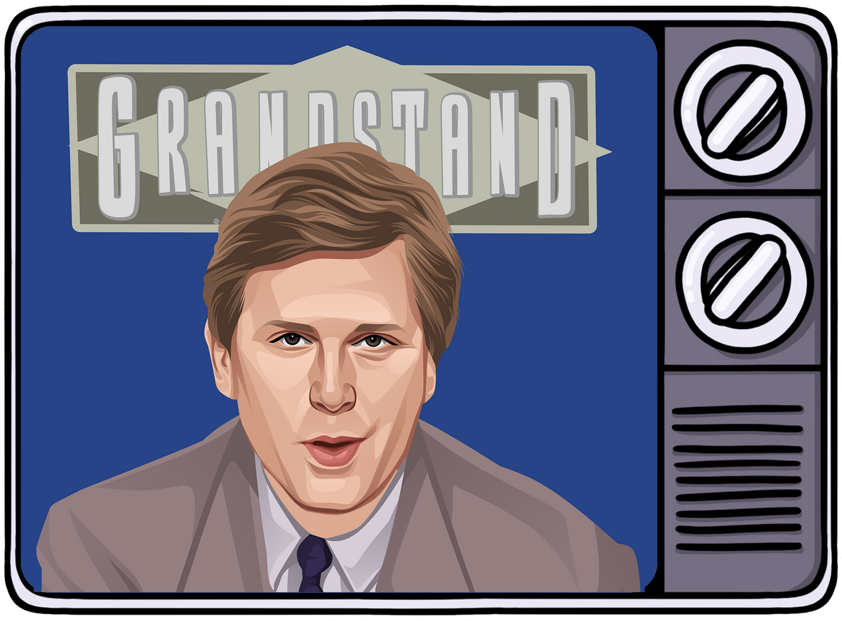 Retrotext illustration of a 1990s television set displaying a Grandstand broadcast featuring a news presenter