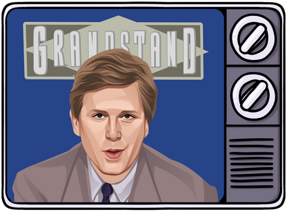 Retrotext illustration of a 1990s television set displaying a Grandstand broadcast featuring a news presenter