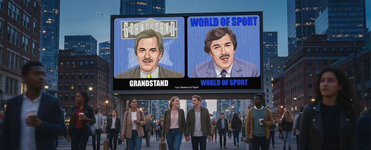 Retrotext Grandstand and World Of Sport wraparound mug featuring illustrations of Des Lynam and Dickie Davies.