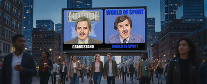 Retrotext Grandstand and World Of Sport wraparound mug featuring illustrations of Des Lynam and Dickie Davies.