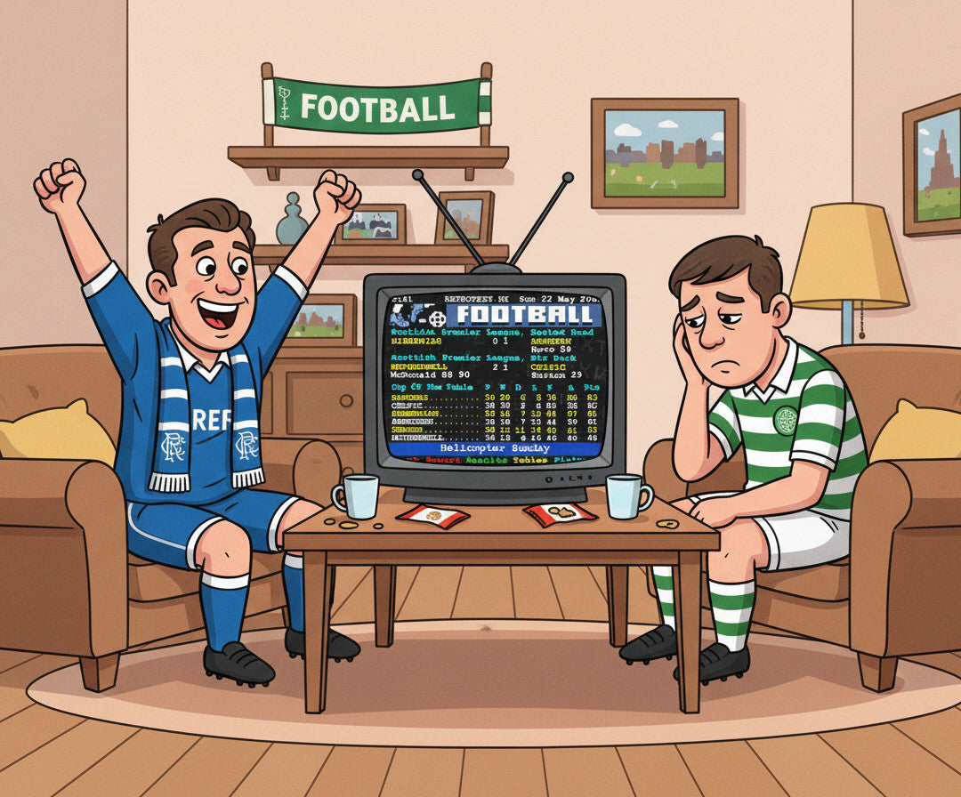 Retrotext Helicopter Sunday mug featuring a cartoon illustration of a celebrating Rangers fan and a dejected Celtic fan