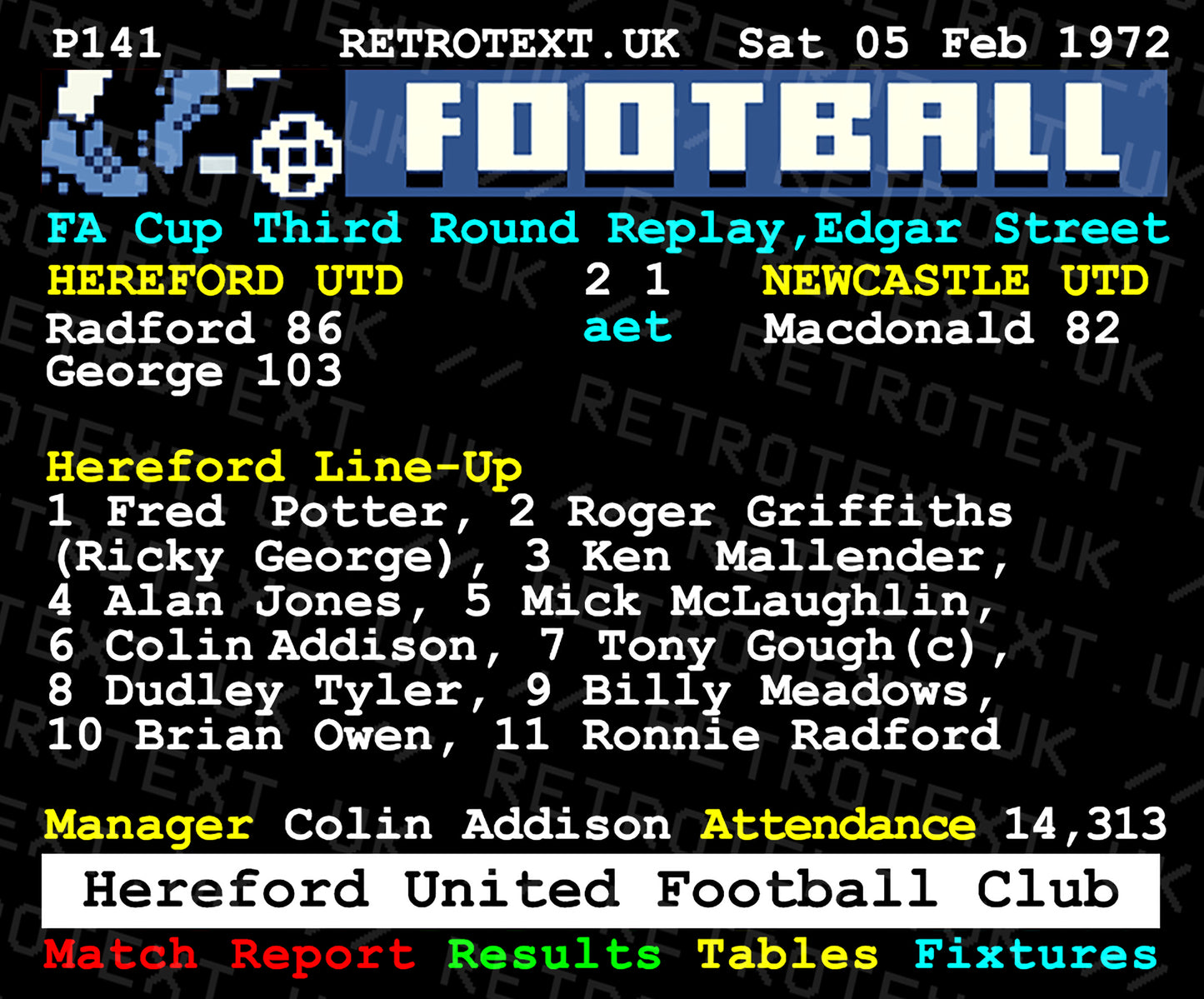 Retrotext 11oz glossy white mug featuring the 1972 FA Cup Hereford Utd vs Newcastle Utd teletext match report design.