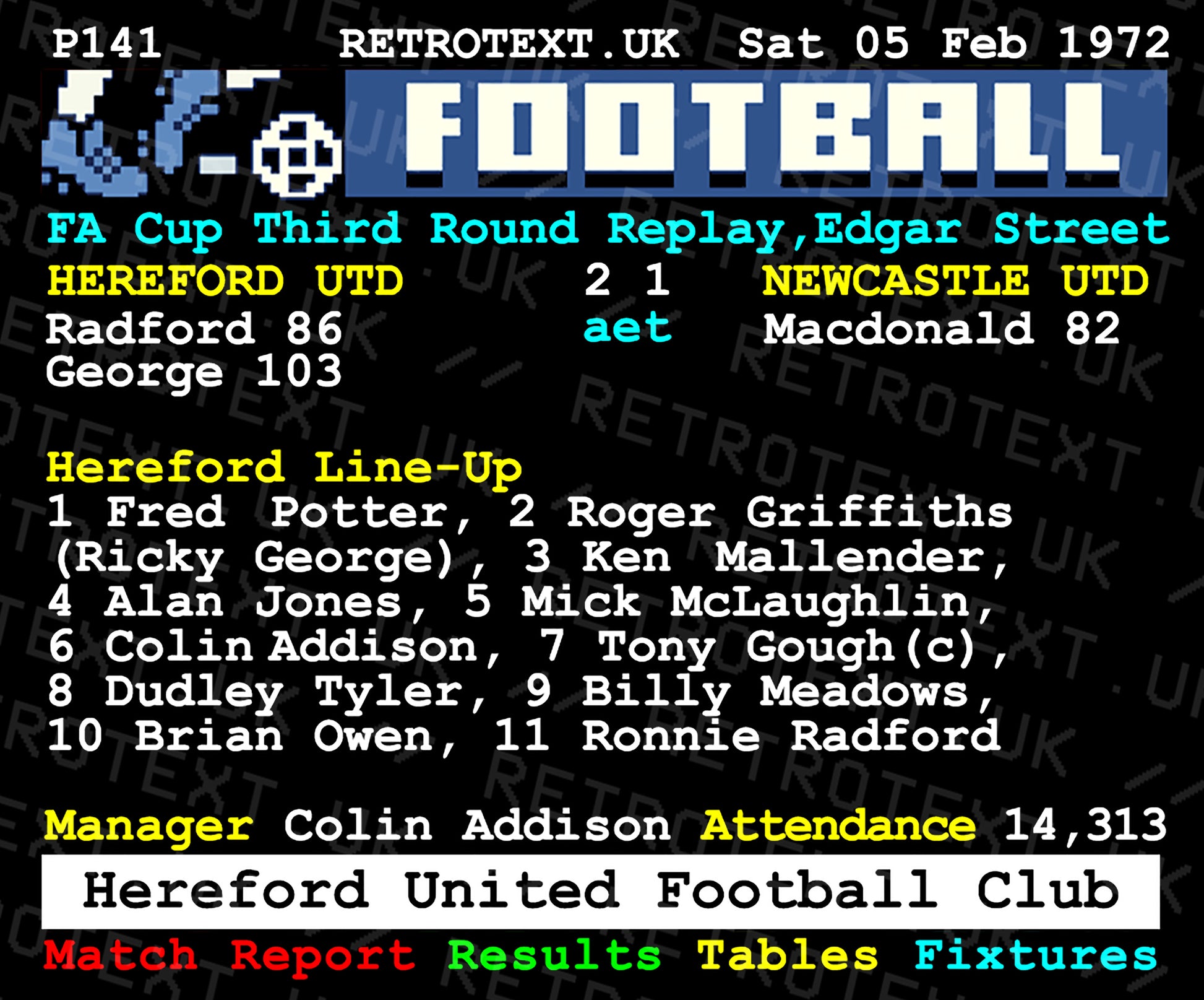 Retrotext 11oz glossy white mug featuring the 1972 FA Cup Hereford Utd vs Newcastle Utd teletext match report design.