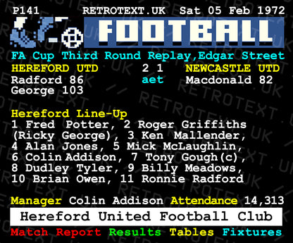 Retrotext 11oz glossy white mug featuring a 1972 FA Cup Hereford Utd vs Newcastle Utd teletext match report design.