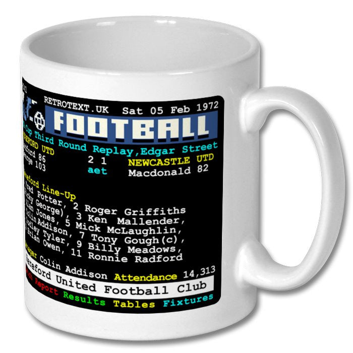 Retrotext 11oz glossy white ceramic mug featuring the 1972 FA Cup Hereford Utd v Newcastle Utd Teletext score graphic