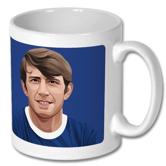 Retrotext 11oz white ceramic mug featuring a graphic illustration of Everton legend Howard Kendall in a blue kit
