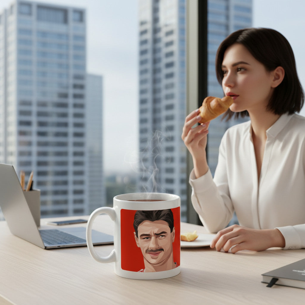 Retrotext Liverpool 1986 FA Cup Ian Rush ceramic mug on a desk with a woman eating a croissant in a modern office