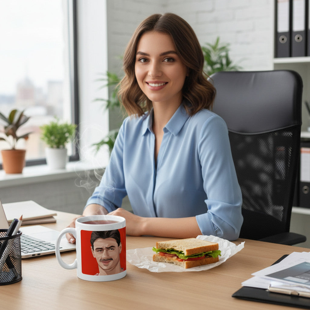 Retrotext ceramic mug featuring an Ian Rush illustration on a desk next to a woman in a blue shirt eating lunch.