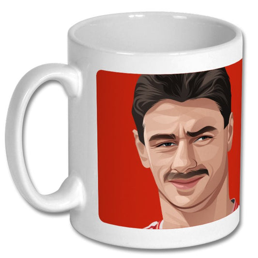 Retrotext Liverpool 1986 FA Cup Ian Rush ceramic mug featuring a retro teletext-style illustration on a red background