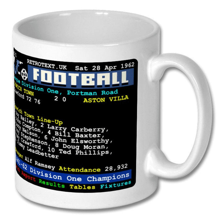 Retrotext Ipswich Town 1962 Division One Champions white ceramic mug with vintage football teletext score graphic