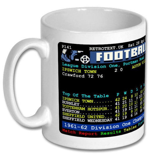 Retrotext 11oz glossy white ceramic mug featuring a vintage 1962 Ipswich Town Division One football teletext graphic