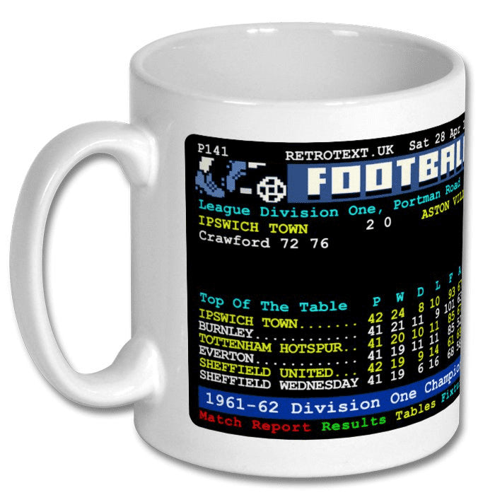 Retrotext Ipswich Town 1962 Division One Champions ceramic mug featuring a vintage teletext football league table design