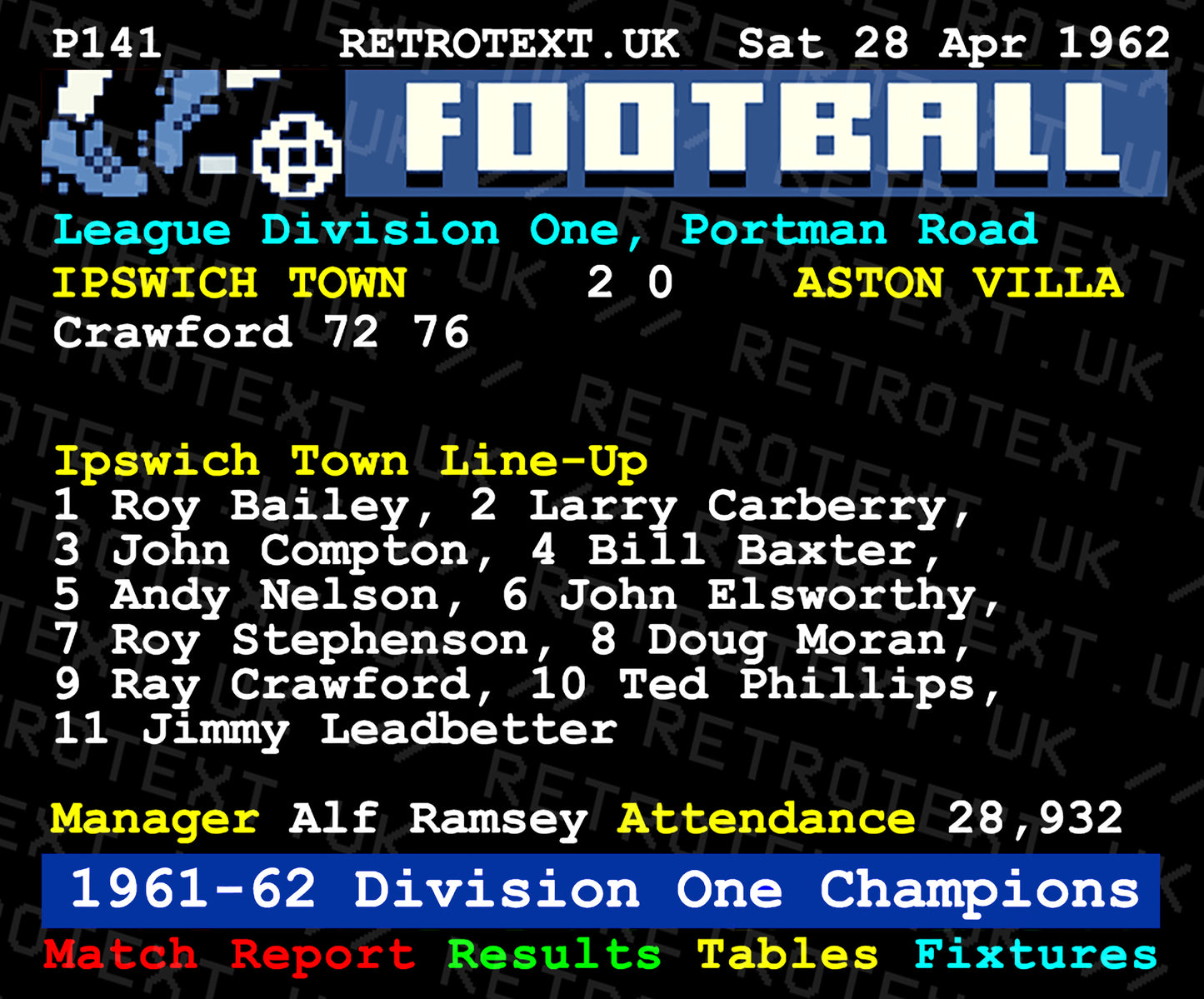 Retrotext Ipswich Town 1962 Division One Champions teletext style mug featuring match details and team line-up
