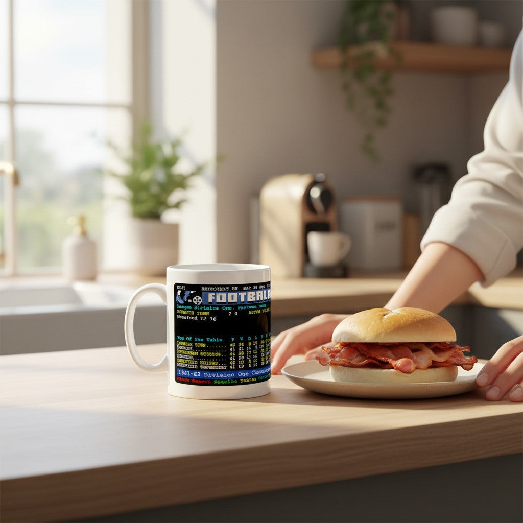 Retrotext Ipswich Town 1962 champions ceramic mug with vintage teletext football score design on a kitchen counter.