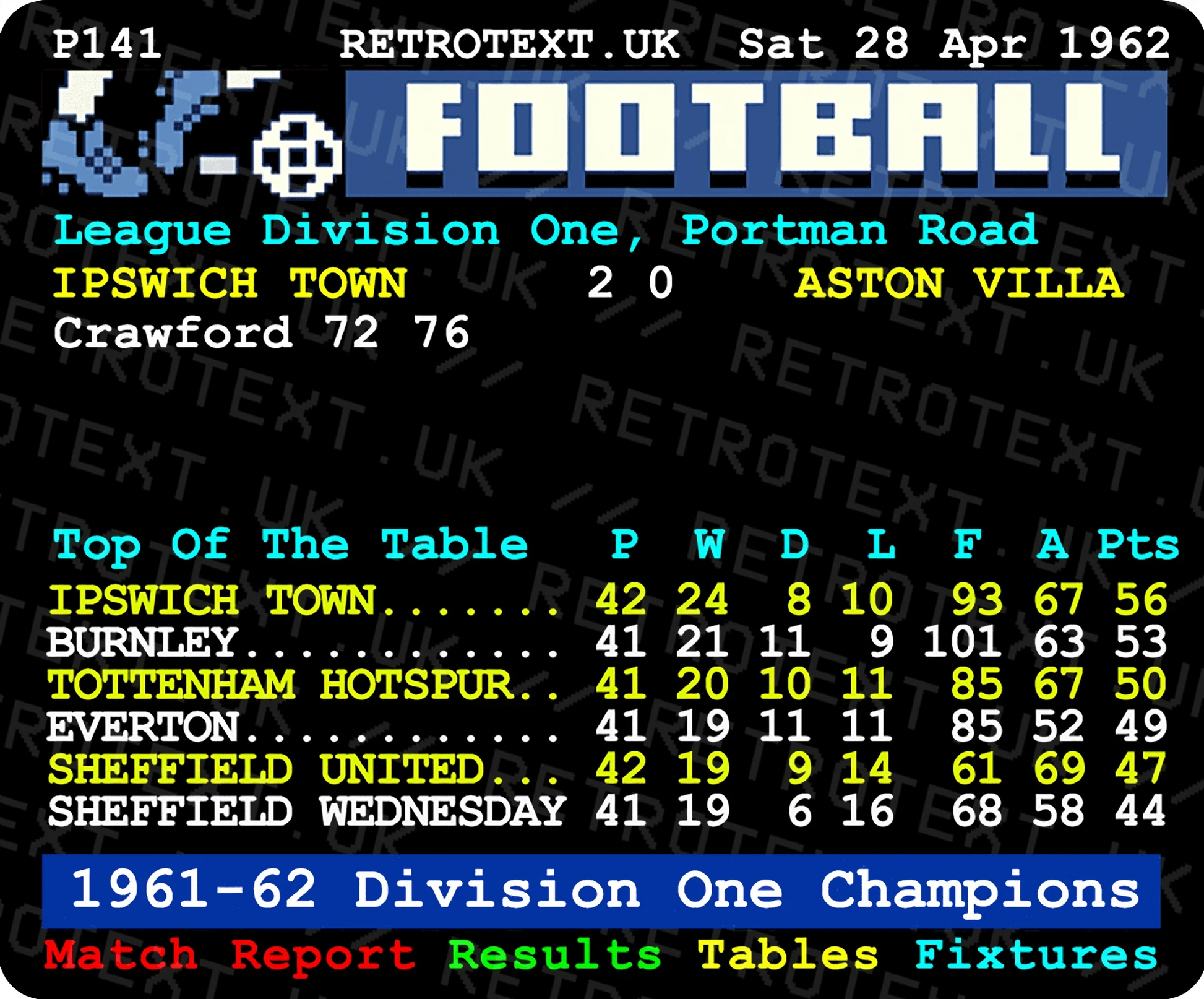 Retrotext Ipswich Town 1962 Division One Champions ceramic mug featuring a vintage teletext football league table design.