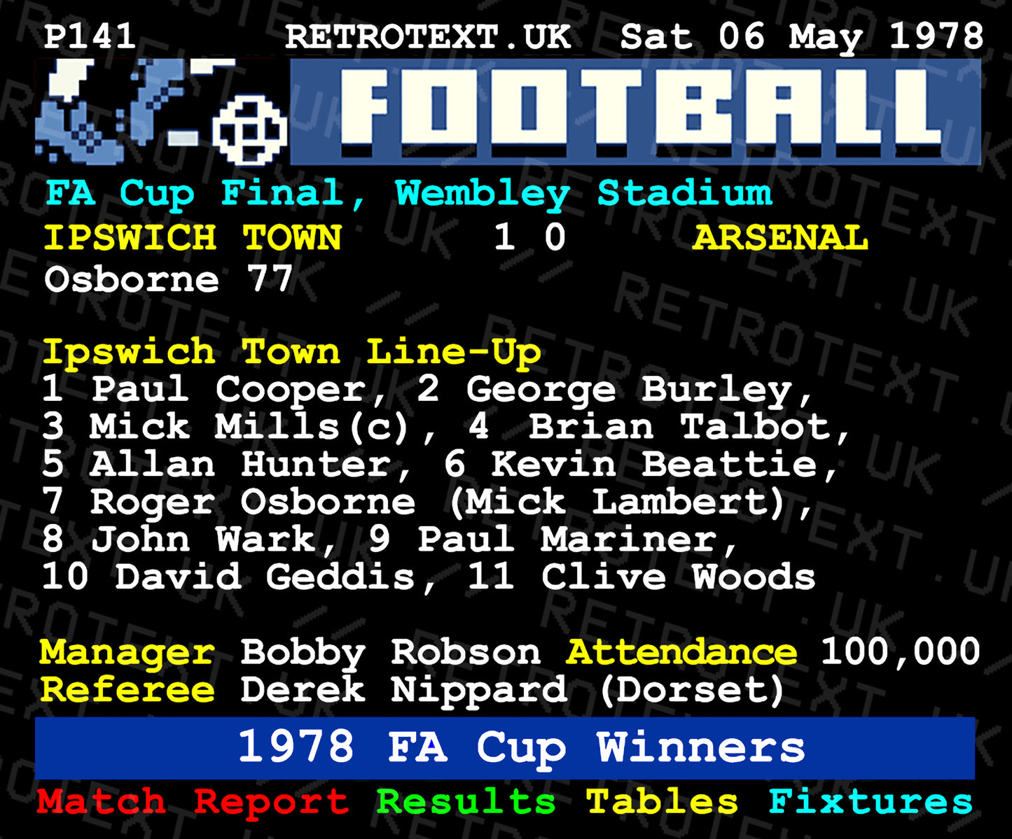 Retrotext Ipswich Town 1978 FA Cup Winners ceramic mug featuring a nostalgic teletext match report design
