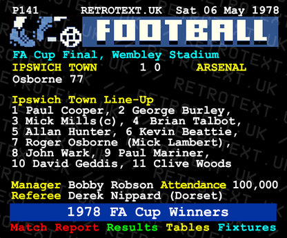 Retrotext Ipswich Town 1978 FA Cup Winners ceramic mug featuring a nostalgic teletext match report design