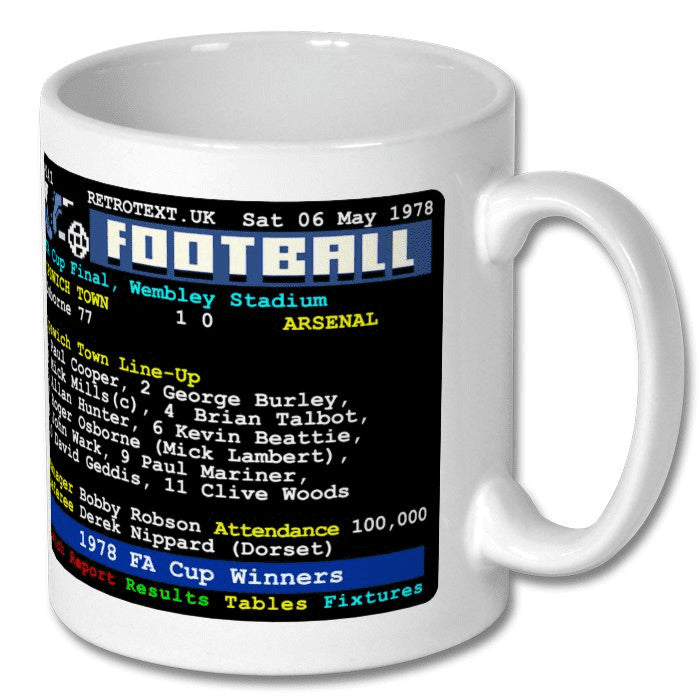 Retrotext Ipswich Town 1978 FA Cup Winners ceramic mug featuring a vintage teletext football score design.