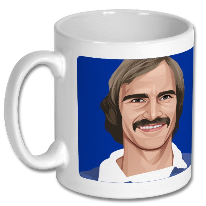 Retrotext ceramic mug featuring a portrait of an Ipswich Town football player from the 1978 FA Cup winning team.