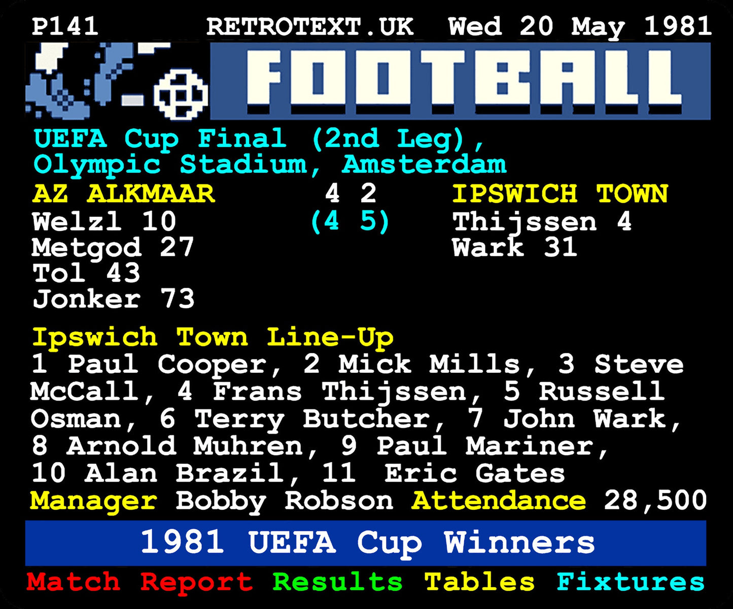 Retrotext Ipswich Town 1981 UEFA Cup Winners ceramic mug featuring a retro teletext match report and team line-up.