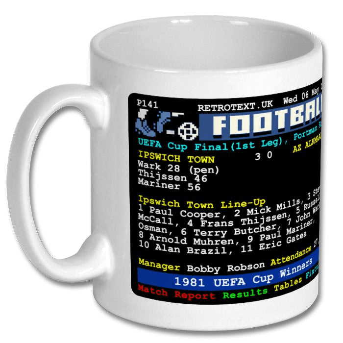 Retrotext Ipswich Town 1981 UEFA Cup Winners ceramic mug featuring a retro teletext match report design.