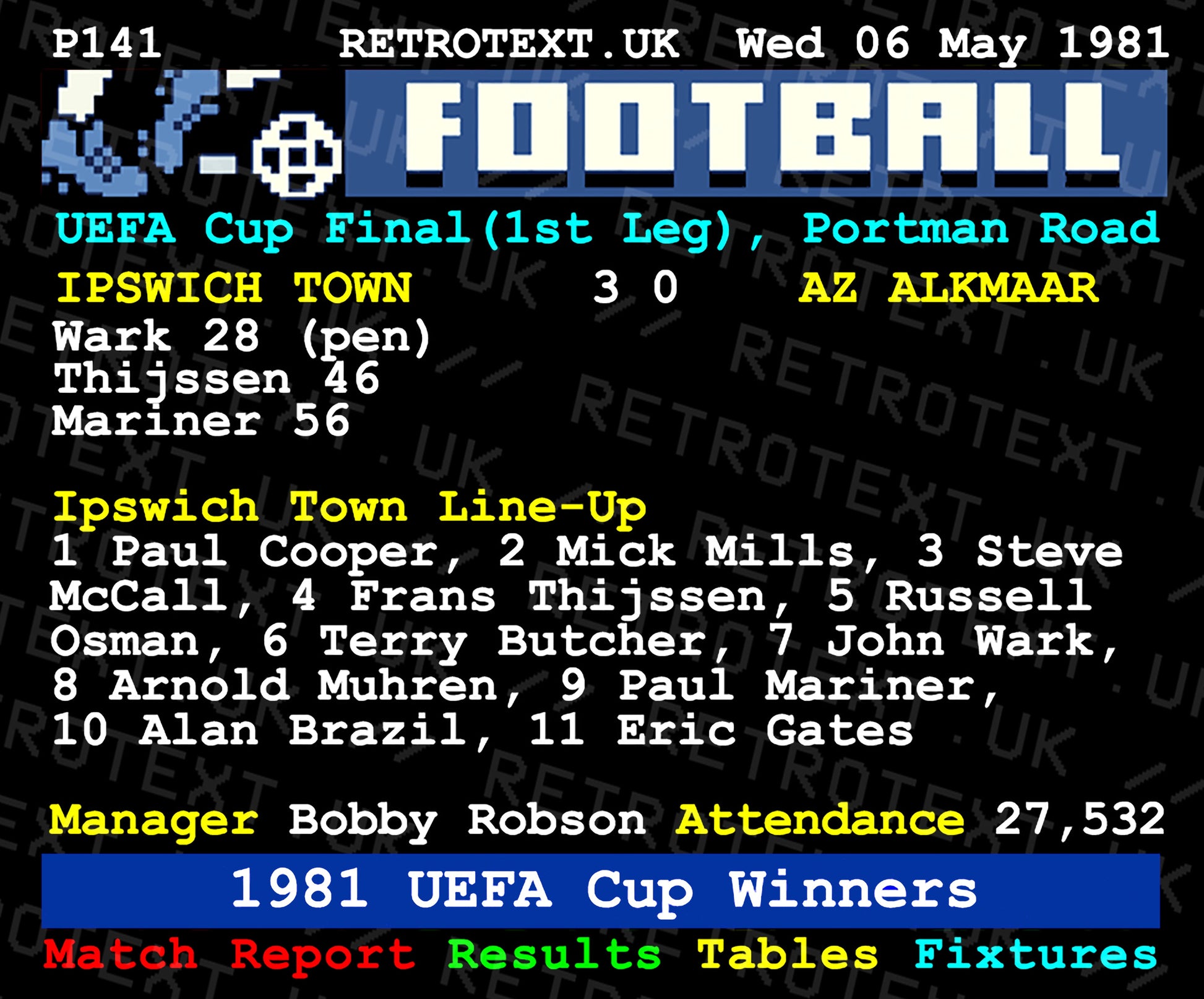 Retrotext Ipswich Town 1981 UEFA Cup Winners ceramic mug featuring a vintage teletext match report design