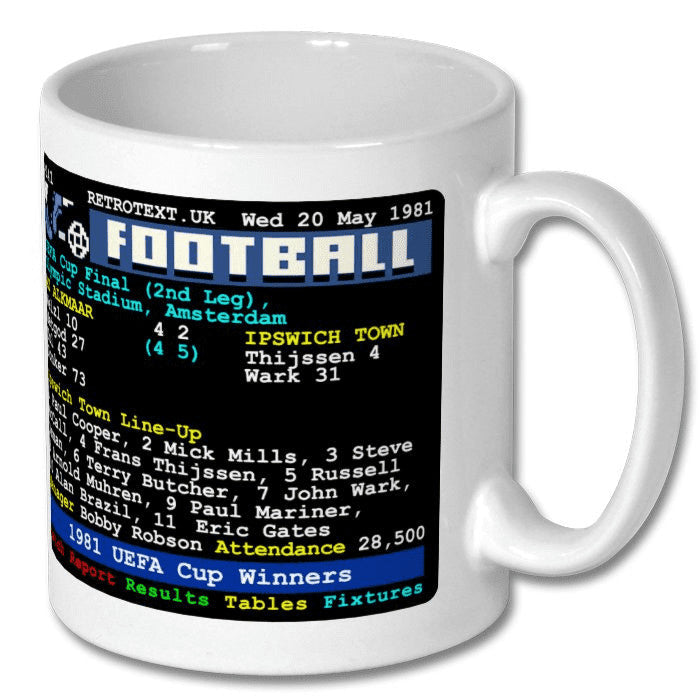Retrotext Ipswich Town 1981 UEFA Cup Winners ceramic mug featuring a retro teletext match report design