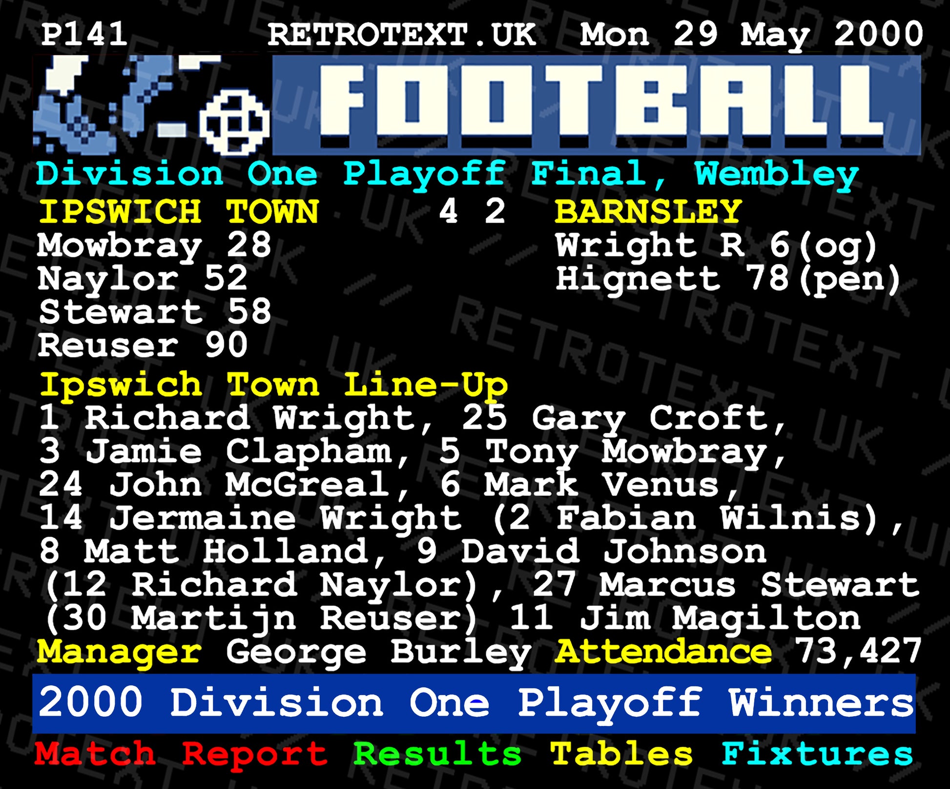 Retrotext Ipswich Town 2000 Playoff Final ceramic mug featuring the match score, line-up, and Marcus Stewart tribute