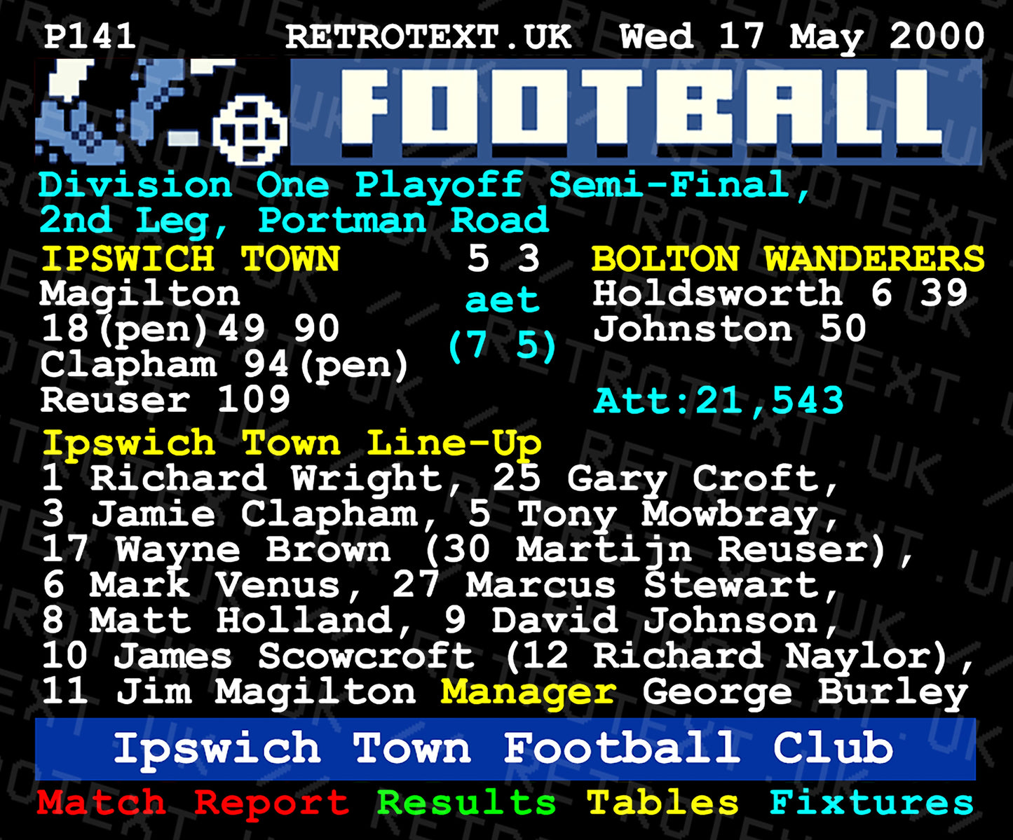 Retrotext Ipswich Town 2000 playoff semi-final ceramic mug featuring a nostalgic teletext match report design.