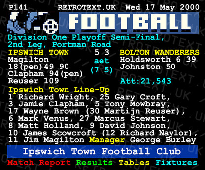 Retrotext Ipswich Town 2000 playoff semi-final ceramic mug featuring a nostalgic teletext match report design.