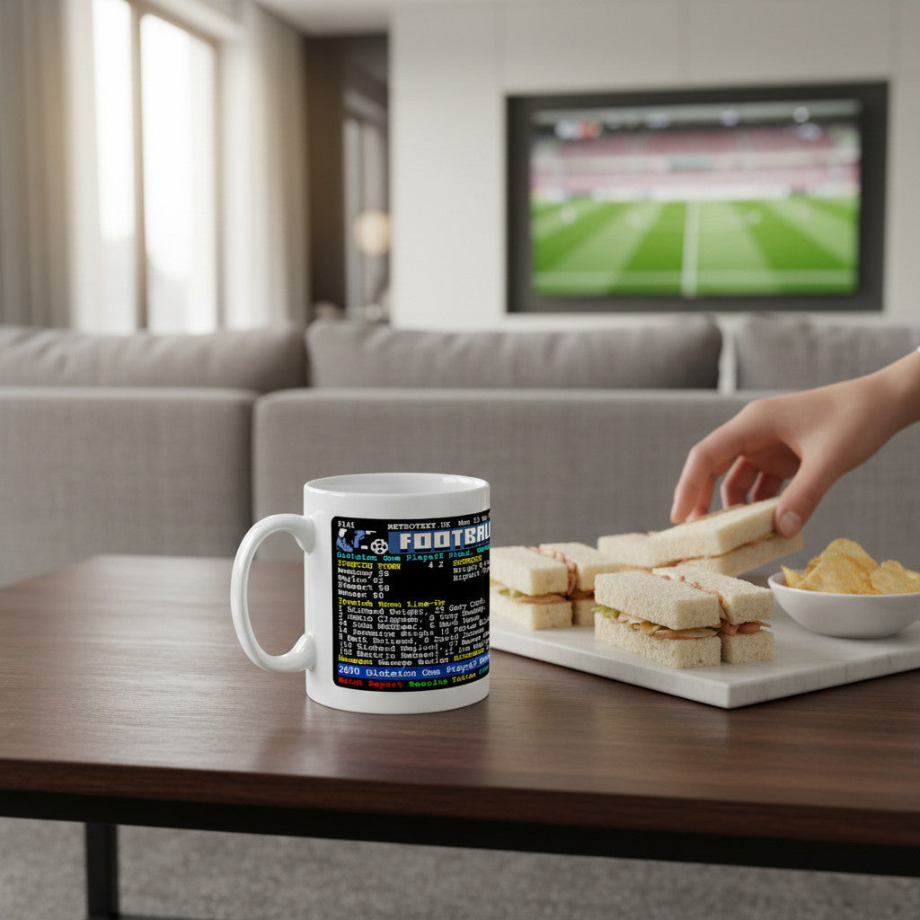 Retrotext Ipswich Town 2000 Playoff Final ceramic mug with teletext match report design on a wooden table