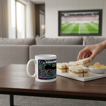 Retrotext Ipswich Town 2000 Playoff Final ceramic mug with teletext match report design on a wooden table