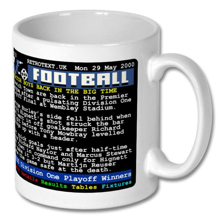 Retrotext Ipswich Town 2000 Playoff Final ceramic mug featuring a nostalgic teletext match report graphic.