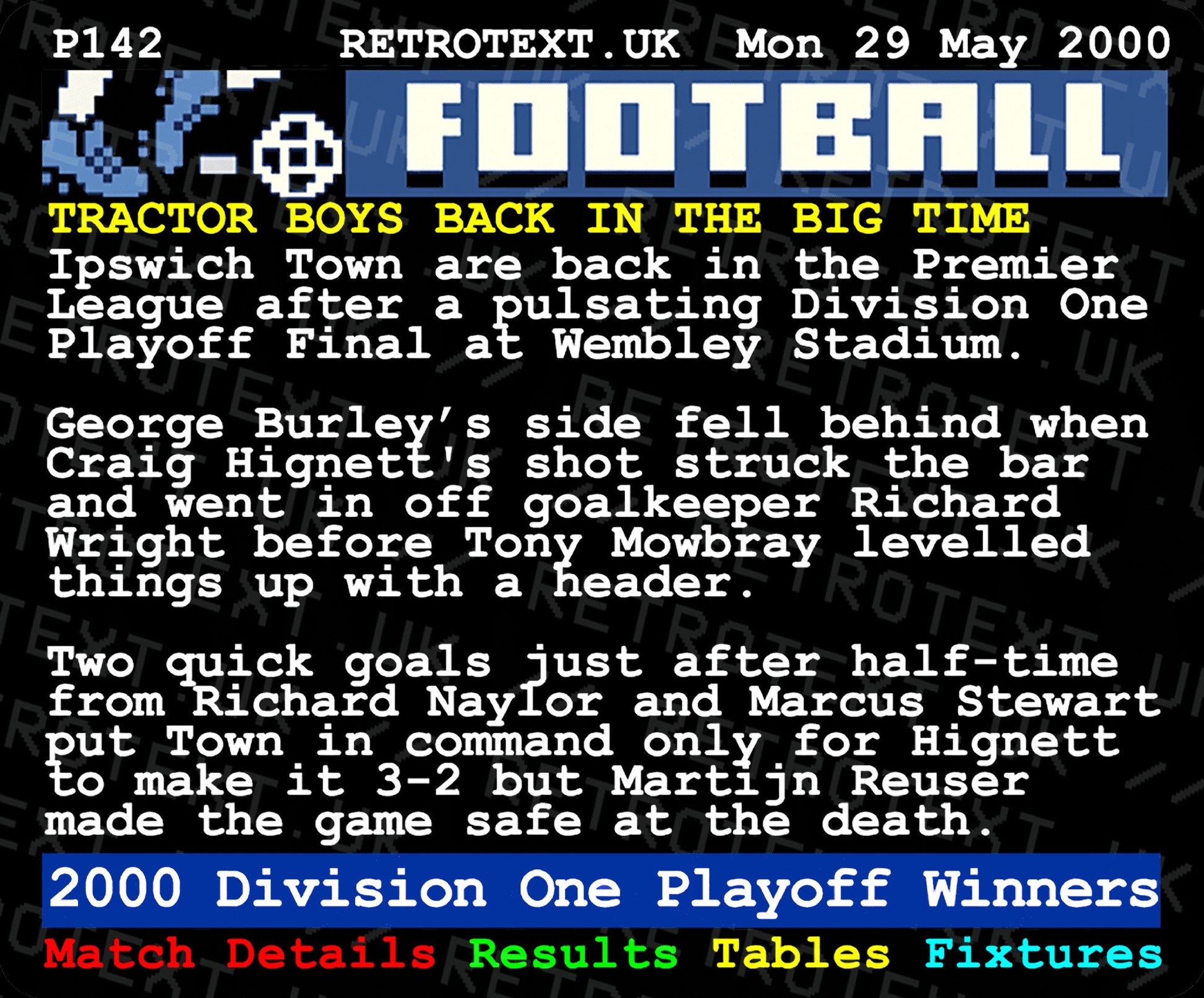 Retrotext Ipswich Town 2000 Playoff Final ceramic mug featuring a nostalgic teletext match report graphic