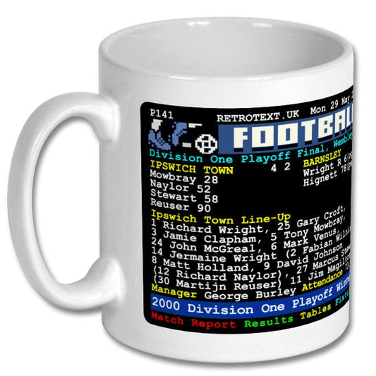 Retrotext Ipswich Town 2000 Playoff Final ceramic mug featuring a teletext-style match report and team line-up.