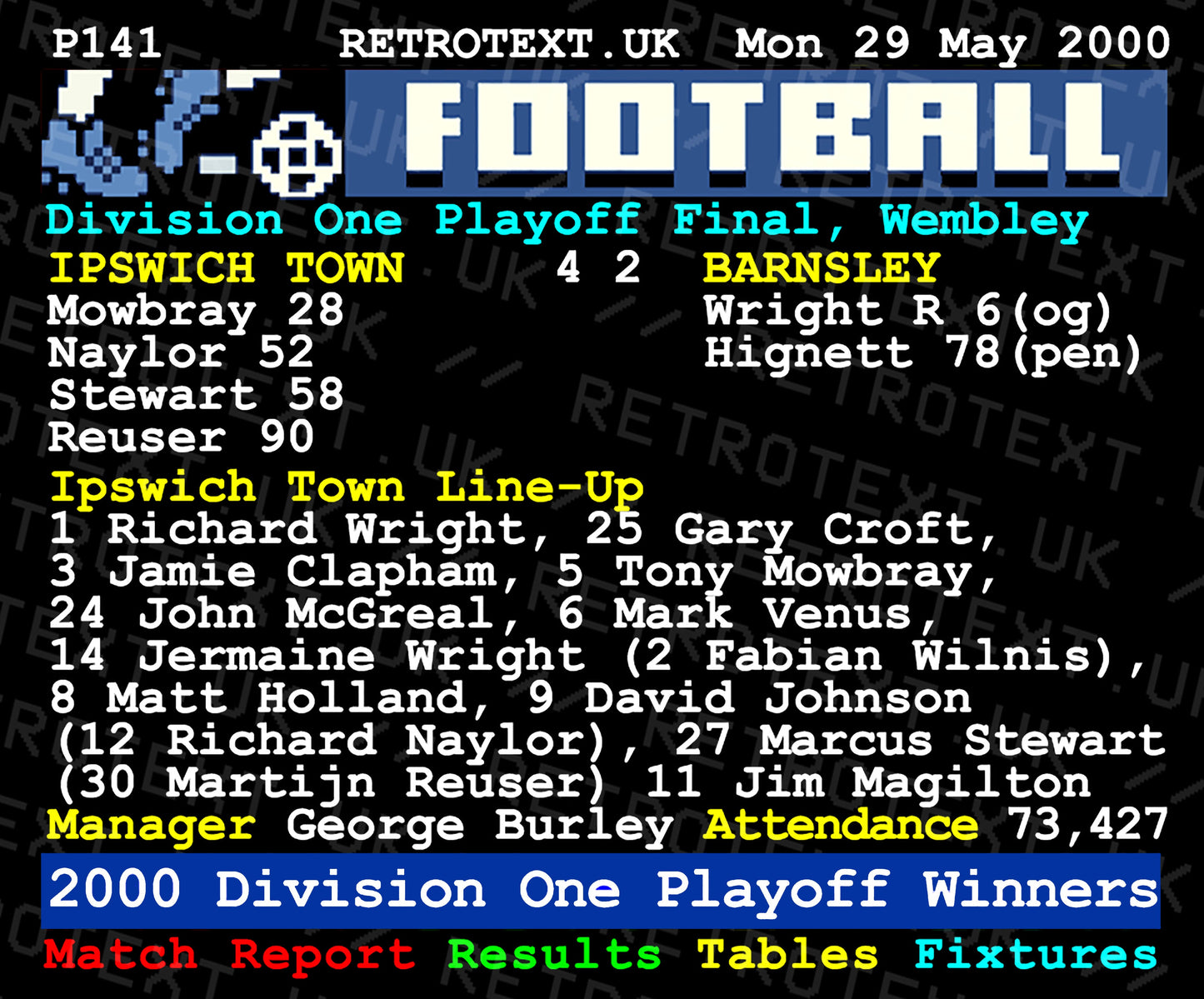 Retrotext Ipswich Town 2000 Playoff Final ceramic mug featuring a teletext style match report and team line-up graphic