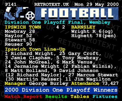 Retrotext Ipswich Town 2000 Playoff Final ceramic mug featuring a teletext style match report and team line-up graphic