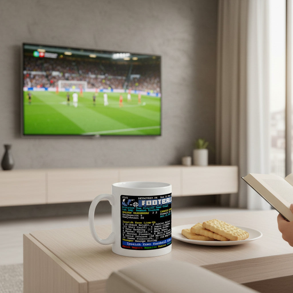 Retrotext Ipswich Town 2000 Division One Playoff Teletext mug on a table with biscuits and a TV in the background.