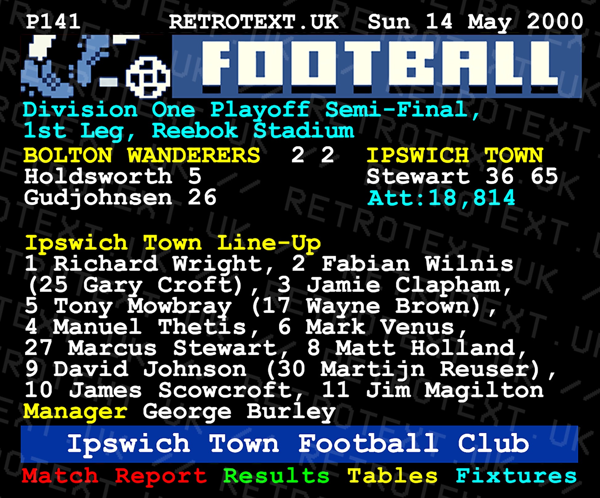 Retrotext Ipswich Town 2000 Division One Playoff Teletext mug featuring match report details on a glossy white finish