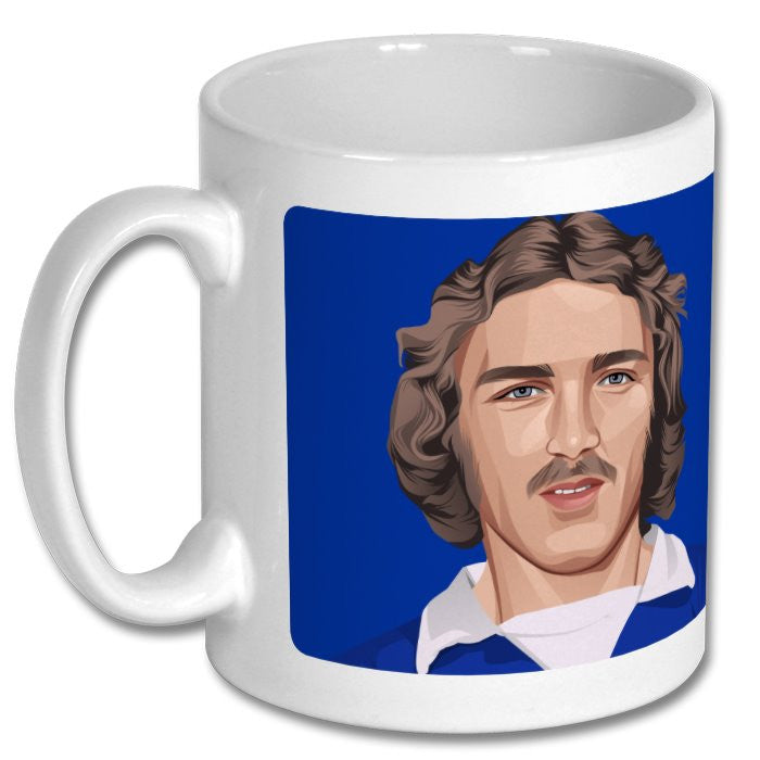 Retrotext ceramic mug featuring a portrait of an Ipswich Town football player on a blue background