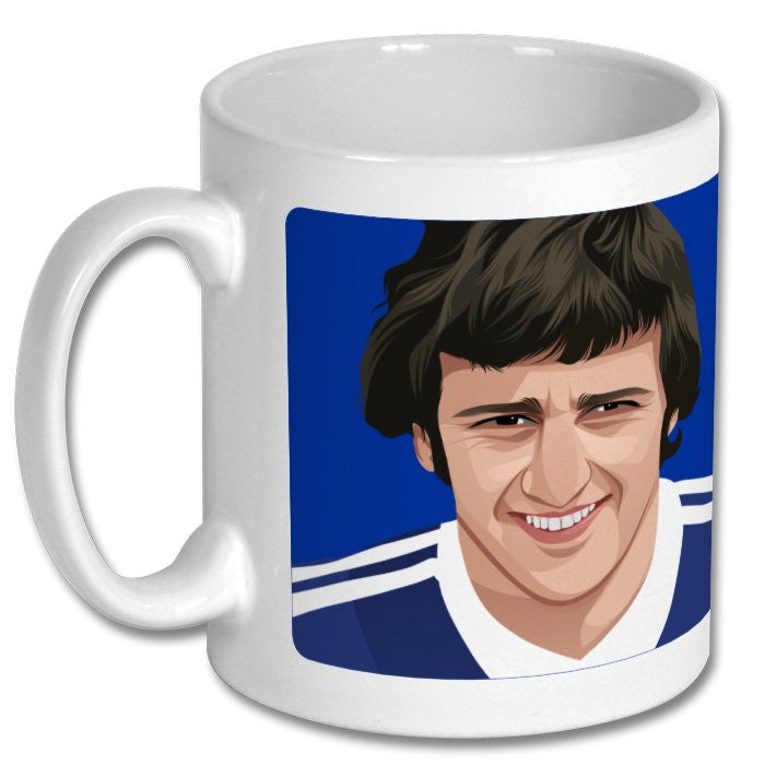 Retrotext white ceramic mug featuring a vintage illustrated portrait of an Ipswich Town football player