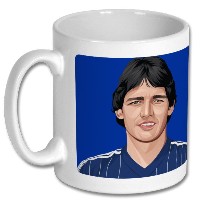 Retrotext ceramic mug featuring a classic illustrated portrait of an Ipswich Town football player on a blue background